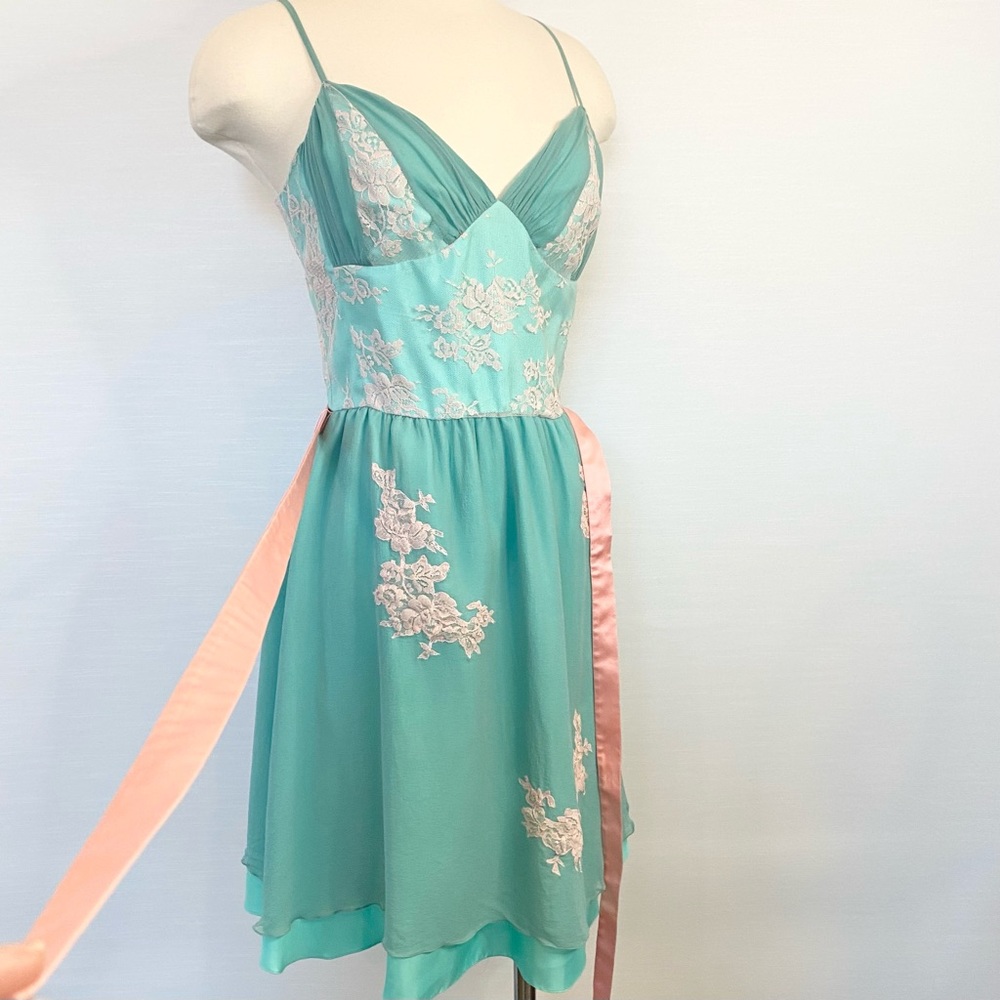 🌺SOLD🌺 90s Betsey Johnson SILK New York Chiffon Green Babydoll Slip Dress 8 - Picture 11 of 12